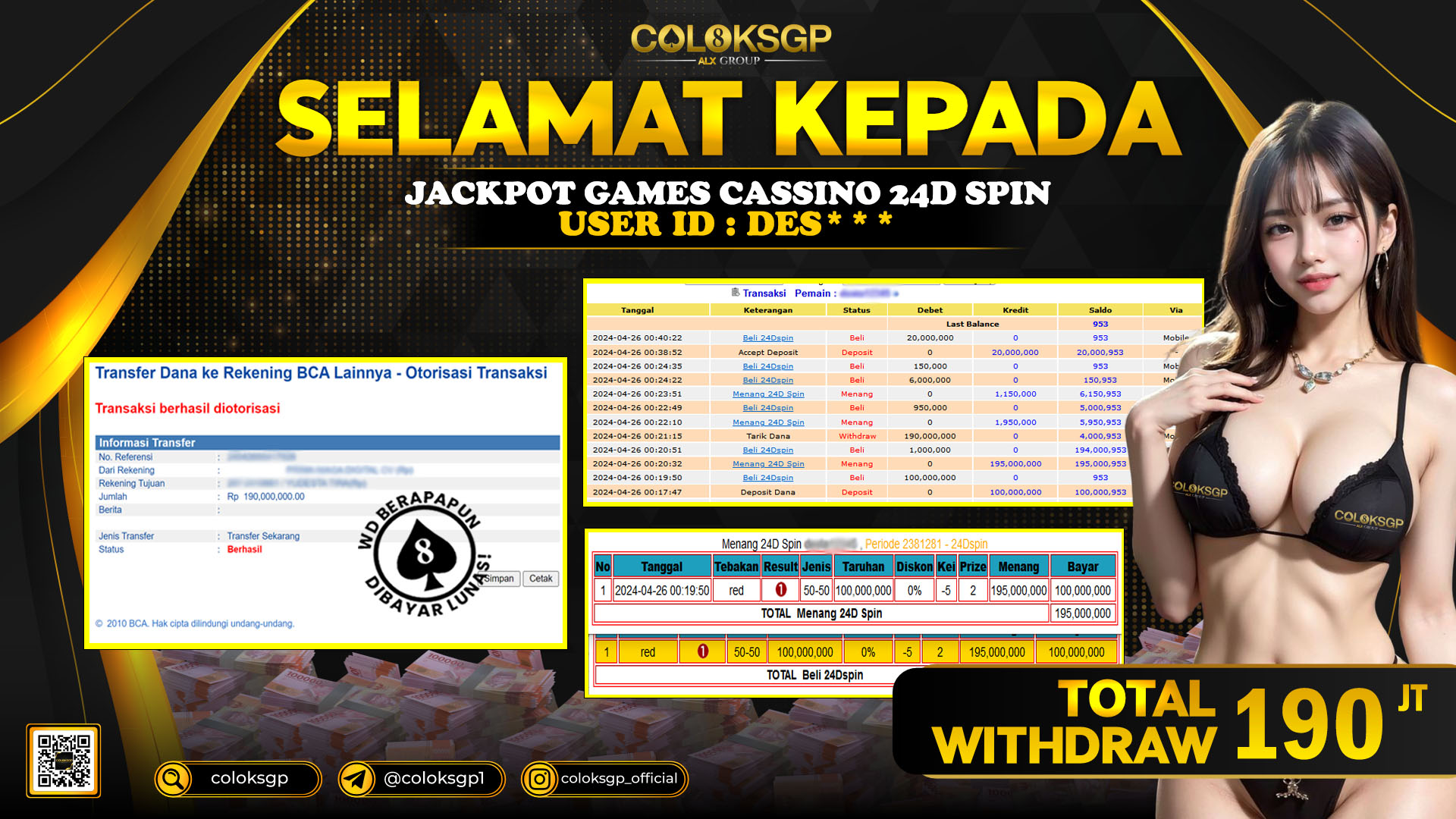COLOKSGP JACKPOT 24D SPIN RP 190.000.000 LUNAS