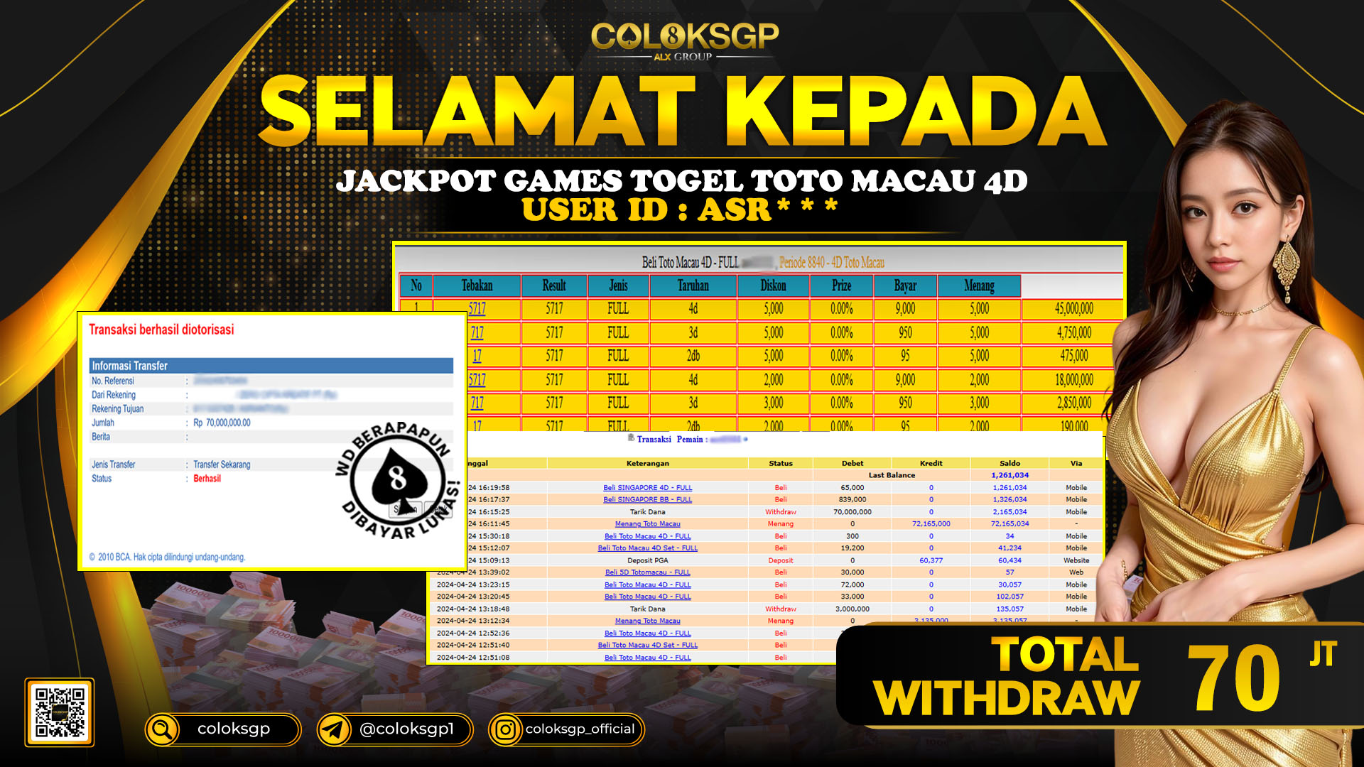 COLOKSGP JACKPOT TOTO MACAU POOLS RP 70.000.000 LUNAS