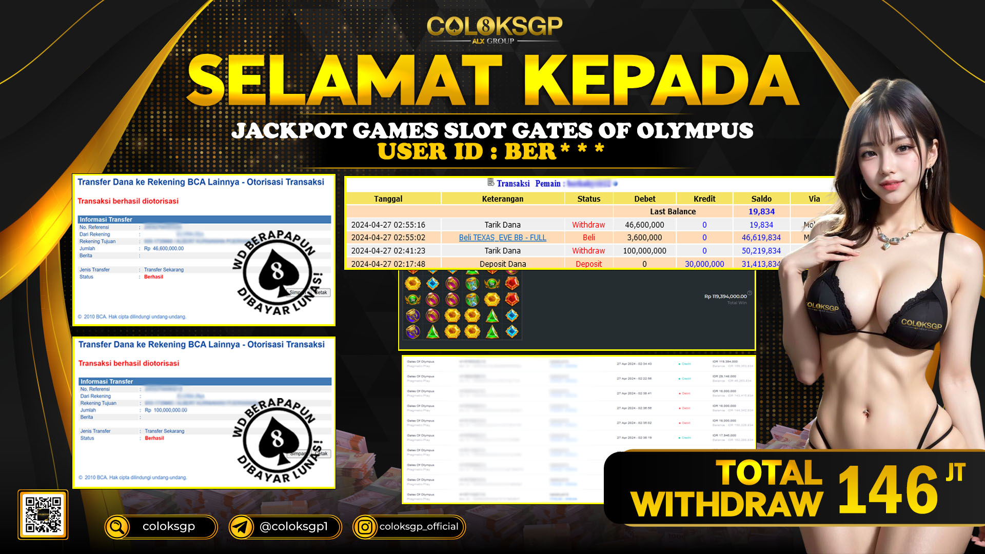 COLOKSGP JACKPOT SLOT GAMES RP 146.000.000 LUNAS