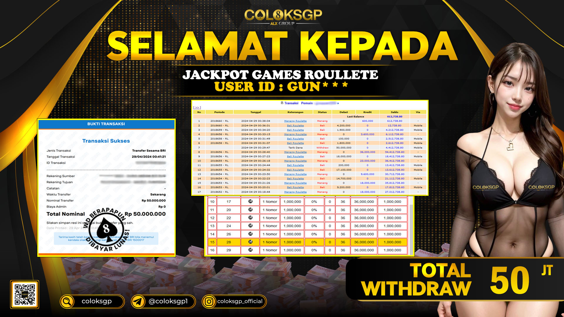 COLOKSGP JACKPOT ROULETTE RP 50.000.000 LUNAS