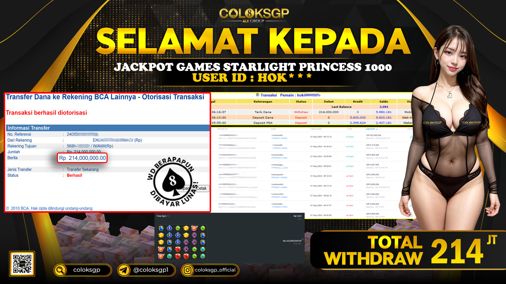 COLOKSGP JACKPOT SLOT GAMES RP 214.000.000 LUNAS