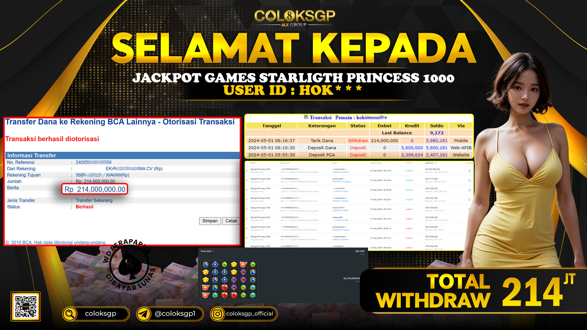 COLOKSGP JACKPOT SLOT GAMES RP 214.000.000 LUNAS