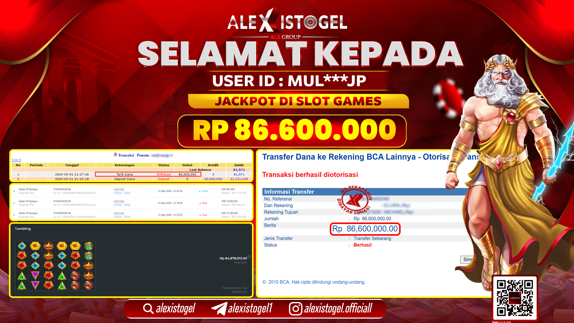 ALEXISTOGEL JACKPOT SLOT GAMES RP. 86.600.000 LUNAS