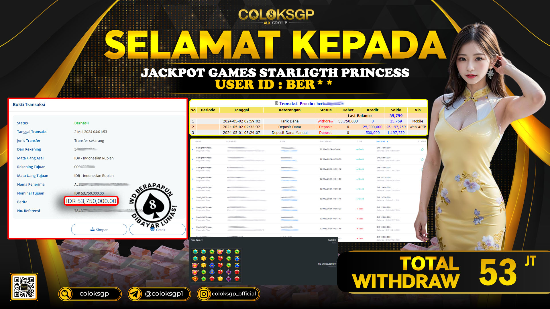 COLOKSGP JACKPOT SLOT GAMES RP 53.000.000 LUNAS