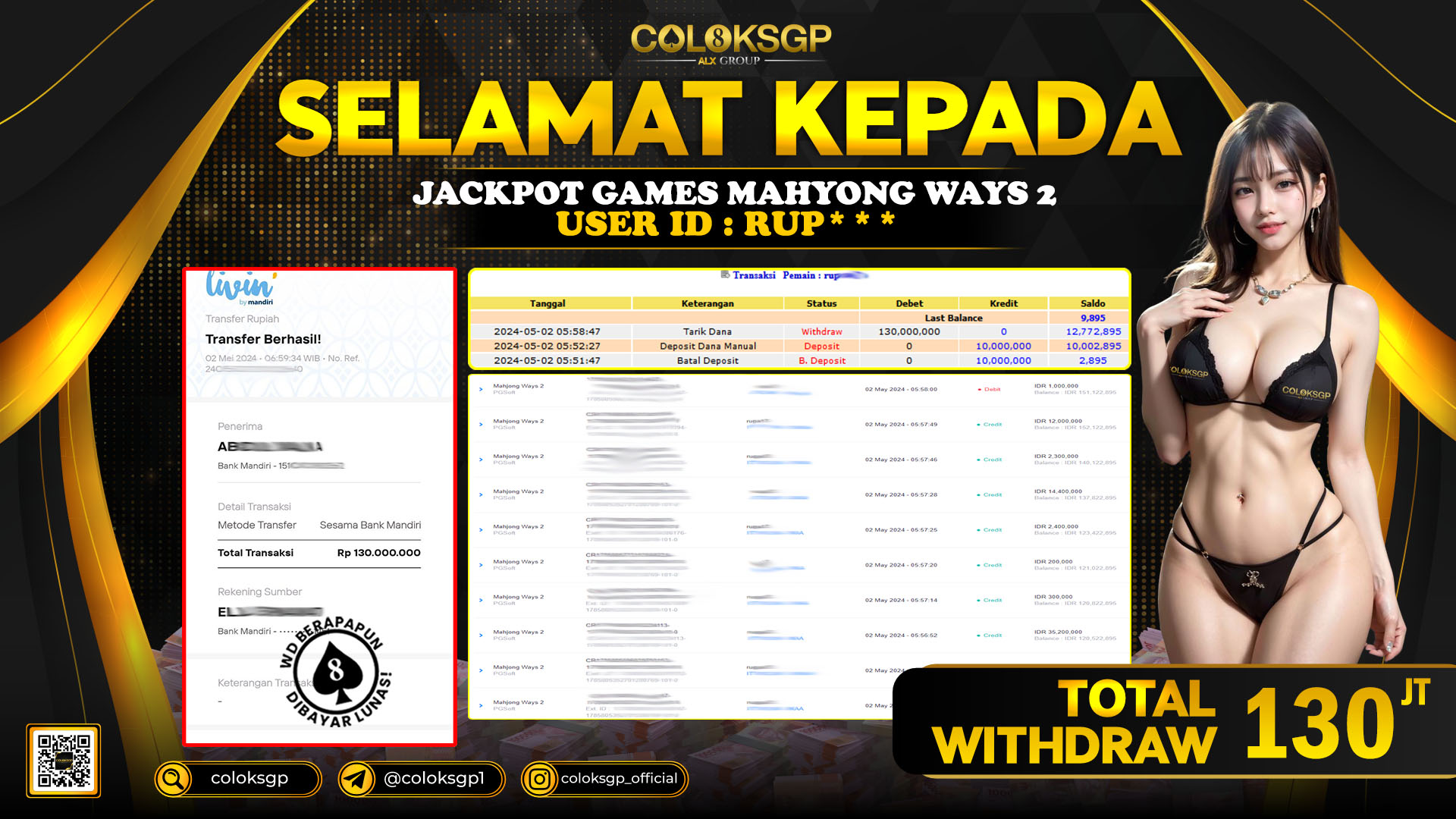 COLOKSGP JACKPOT SLOT GAMES RP 130.000.000 LUNAS