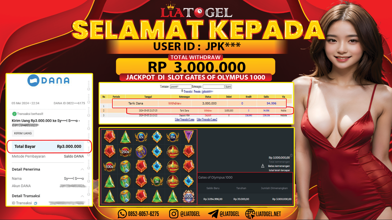 LIATOGEL - JACKPOT SLOT GATES OF OLYMPUS 1000 RP 3.000.000,- LUNAS