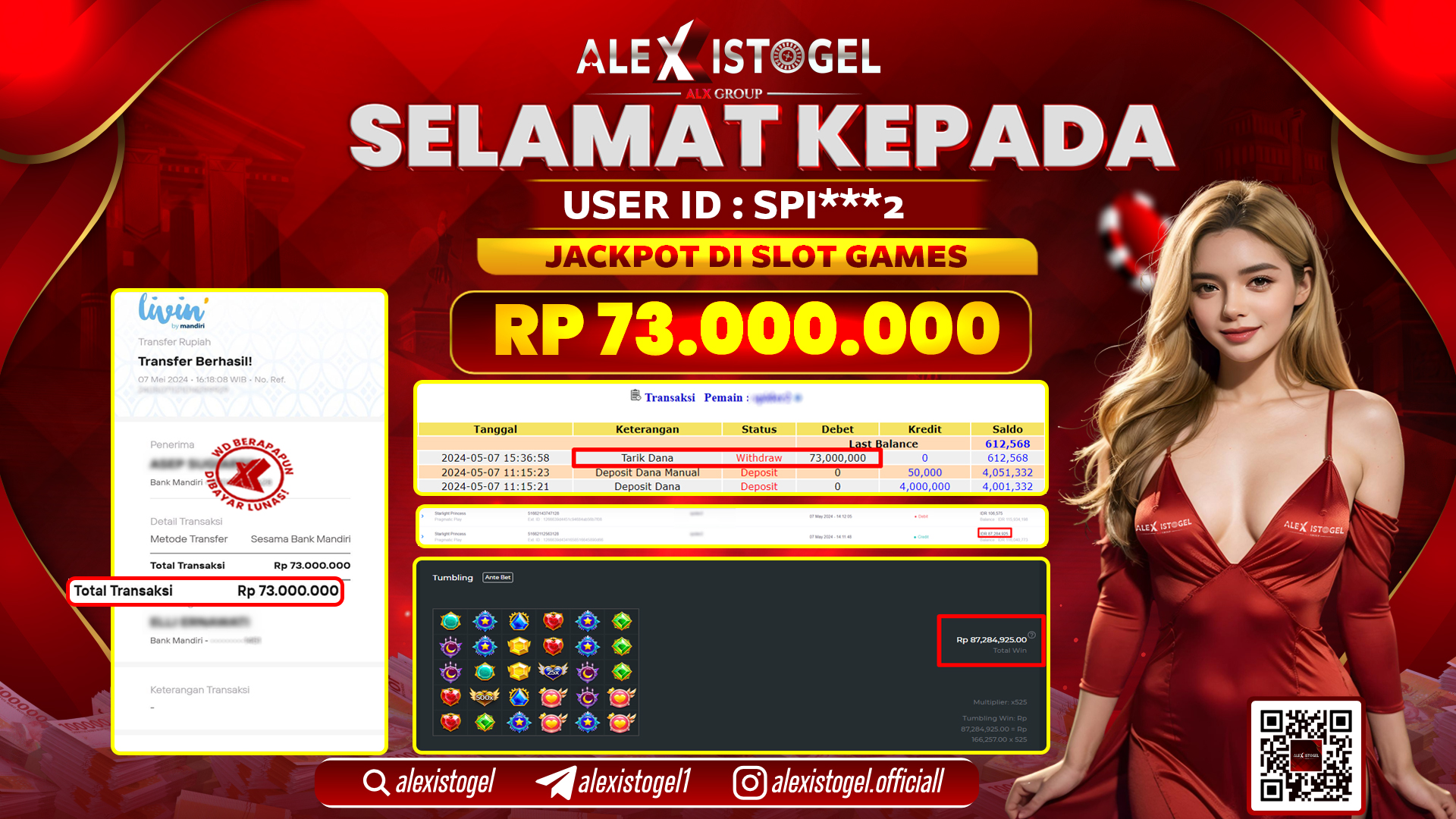 ALEXISTOGEL JACKPOT SLOT GAMES RP. 73.000.000 LUNAS
