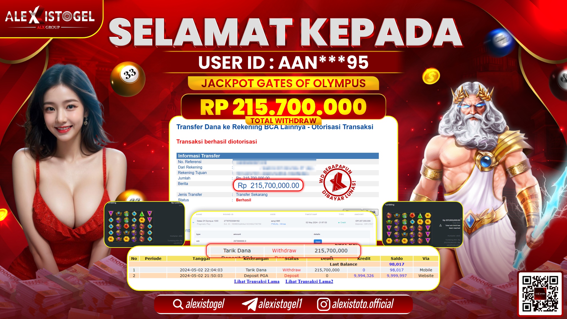 ALEXISTOGEL JACKPOT SLOT GAMES RP. 215.700.000 LUNAS