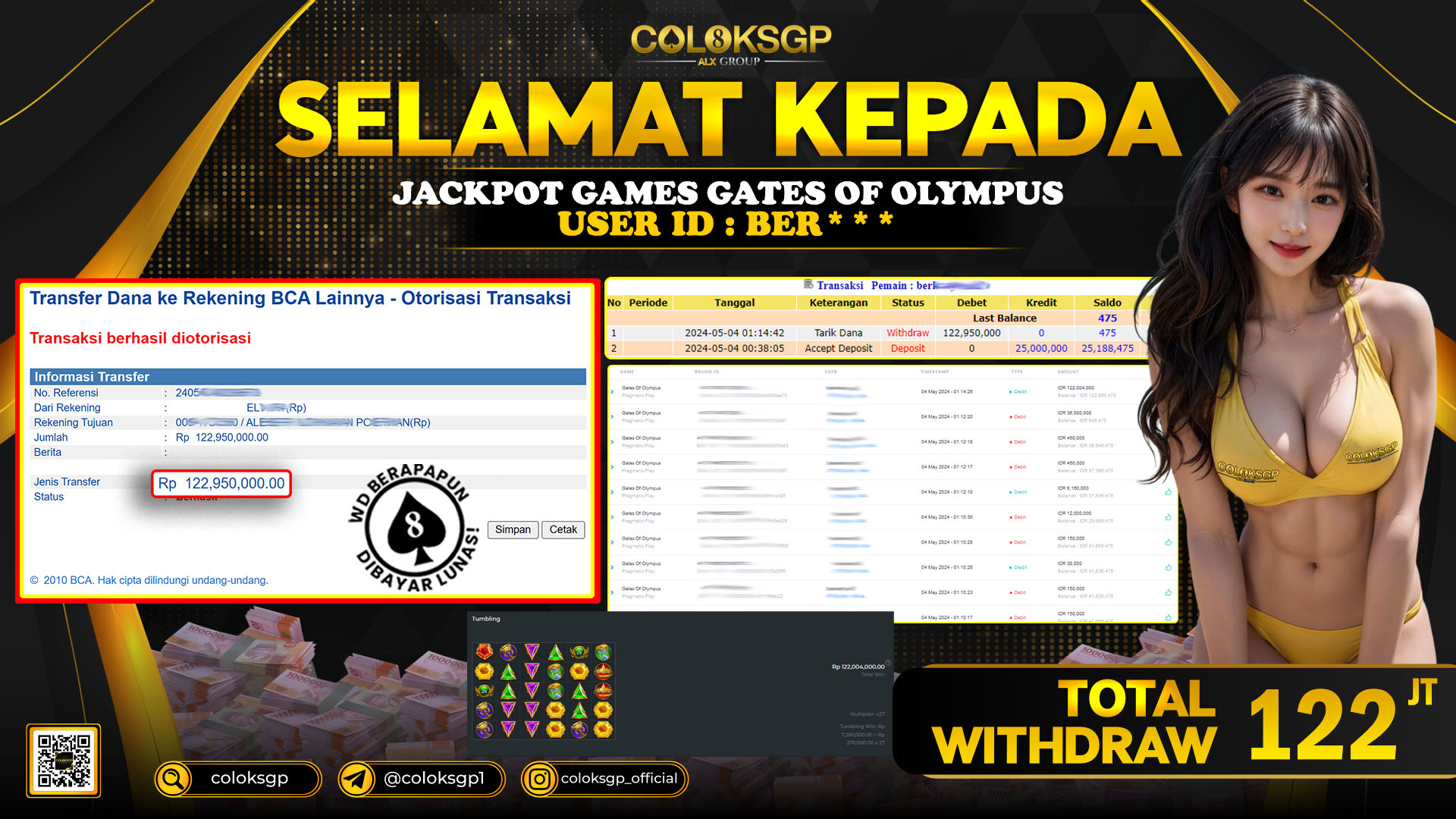 COLOKSGP JACKPOT SLOT GAMES RP 122.000.000 LUNAS