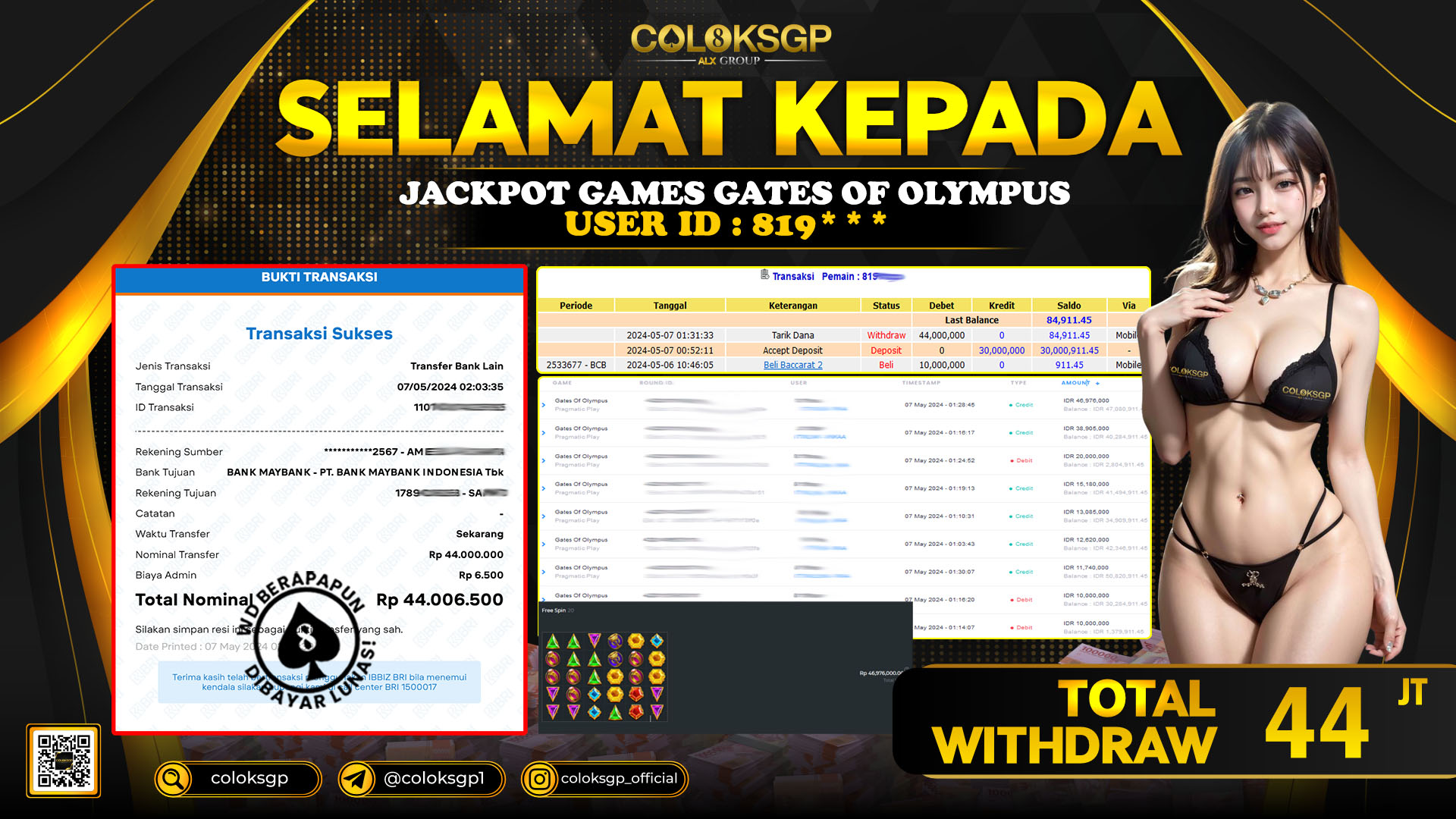 COLOKSGP JACKPOT SLOT GAMES RP 44.000.000 LUNAS