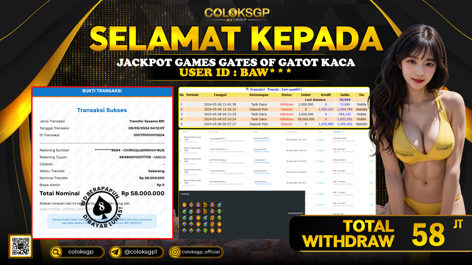 COLOKSGP JACKPOT SLOT GAMES RP 58.000.000 LUNAS