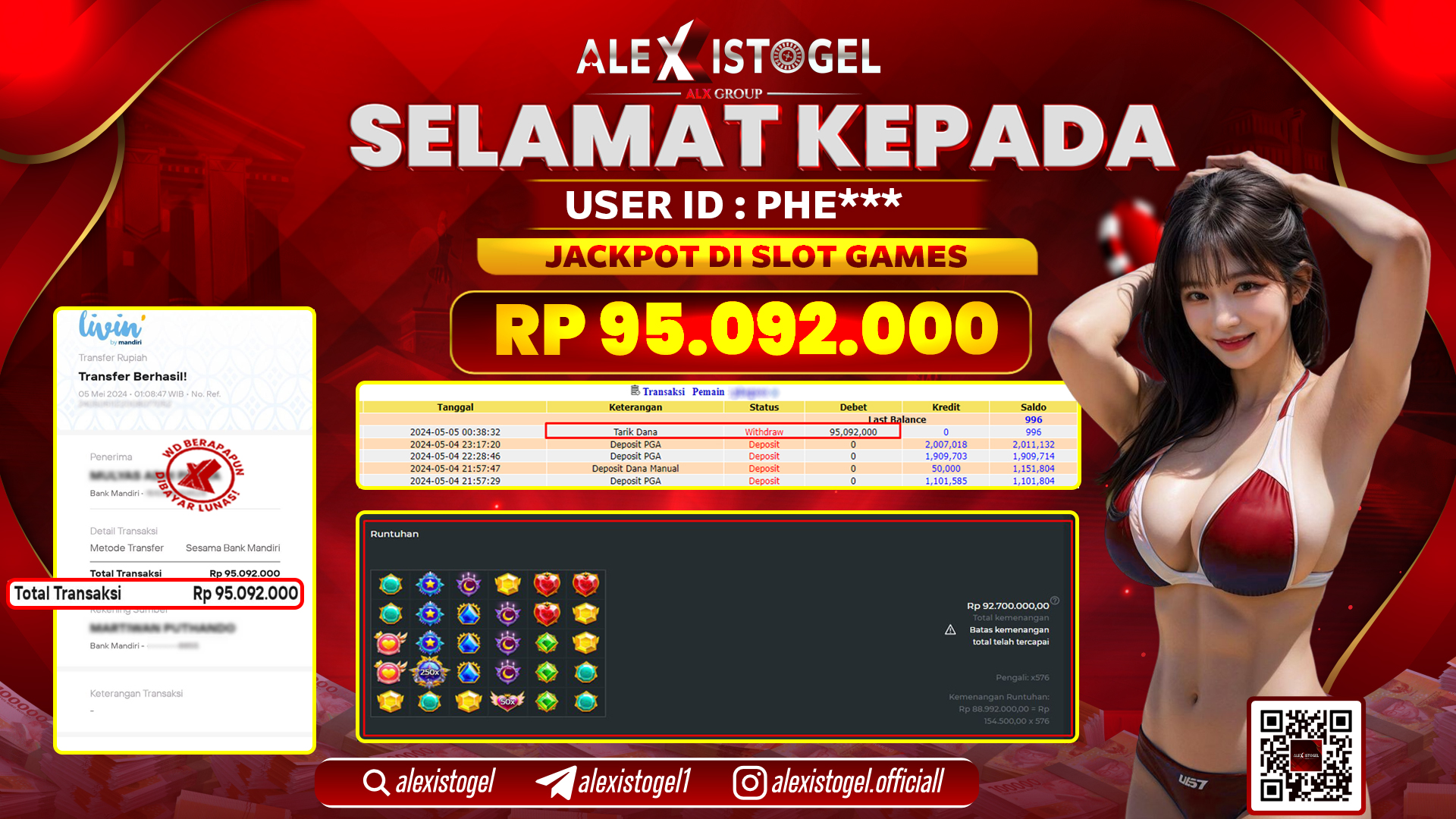 ALEXISTOGEL JACKPOT SLOT GAMES RP. 95.092.000 LUNAS