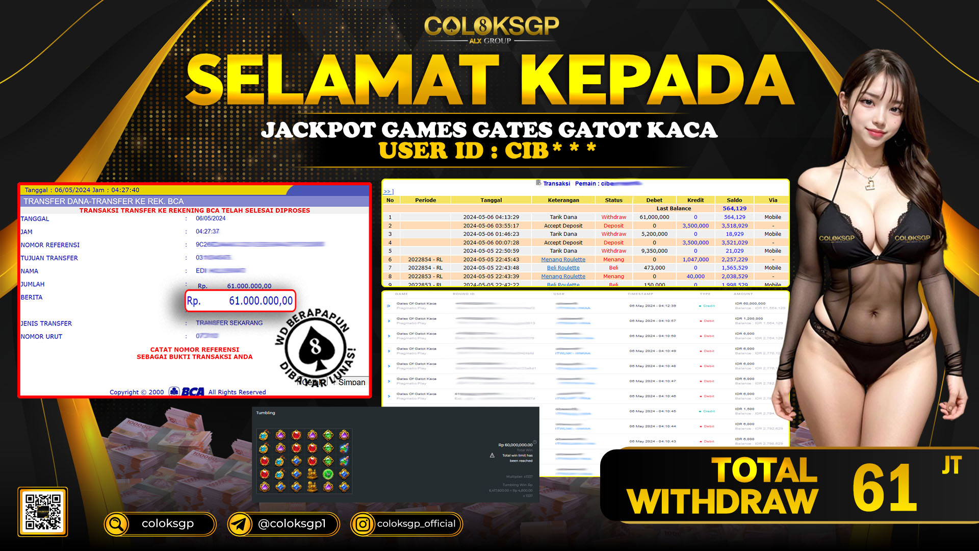 COLOKSGP JACKPOT SLOT GAMES RP 61.000.000 LUNAS