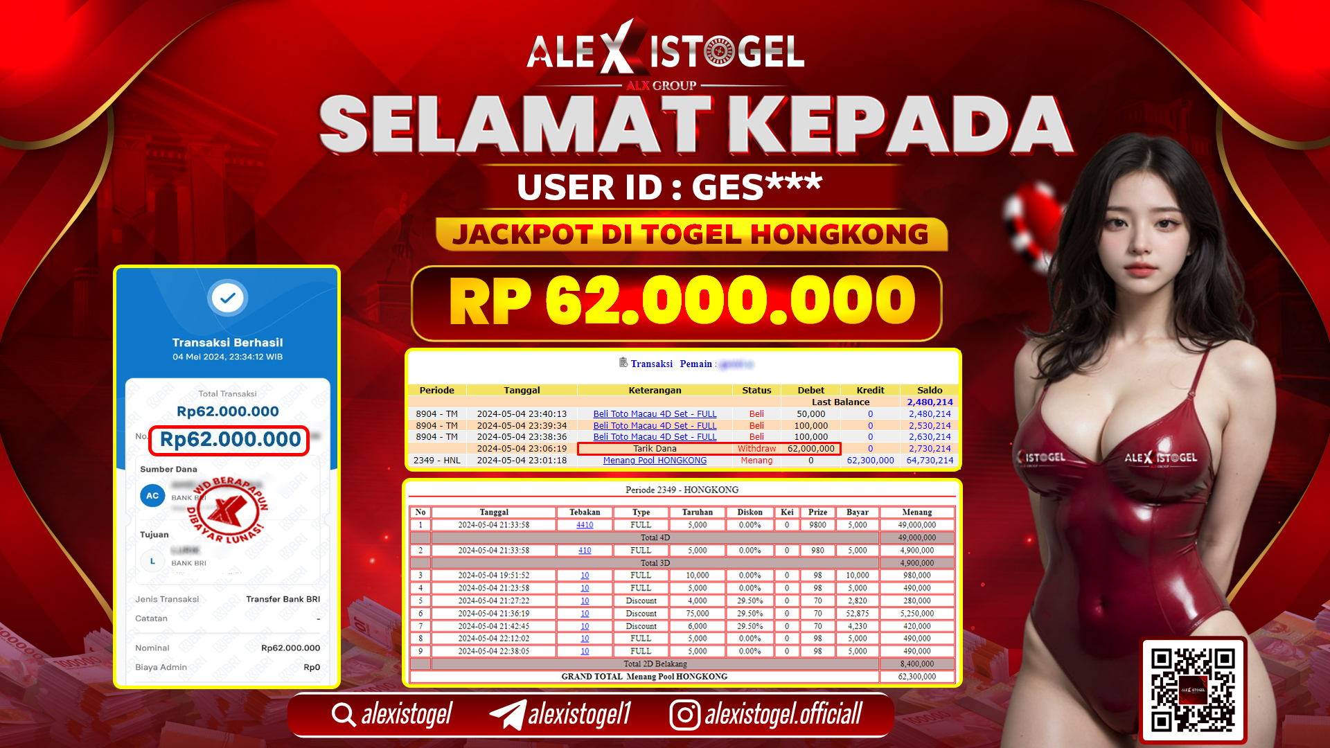 ALEXISTOGEL JACKPOT HONGKONG POOLS RP. 62.000.000 LUNAS