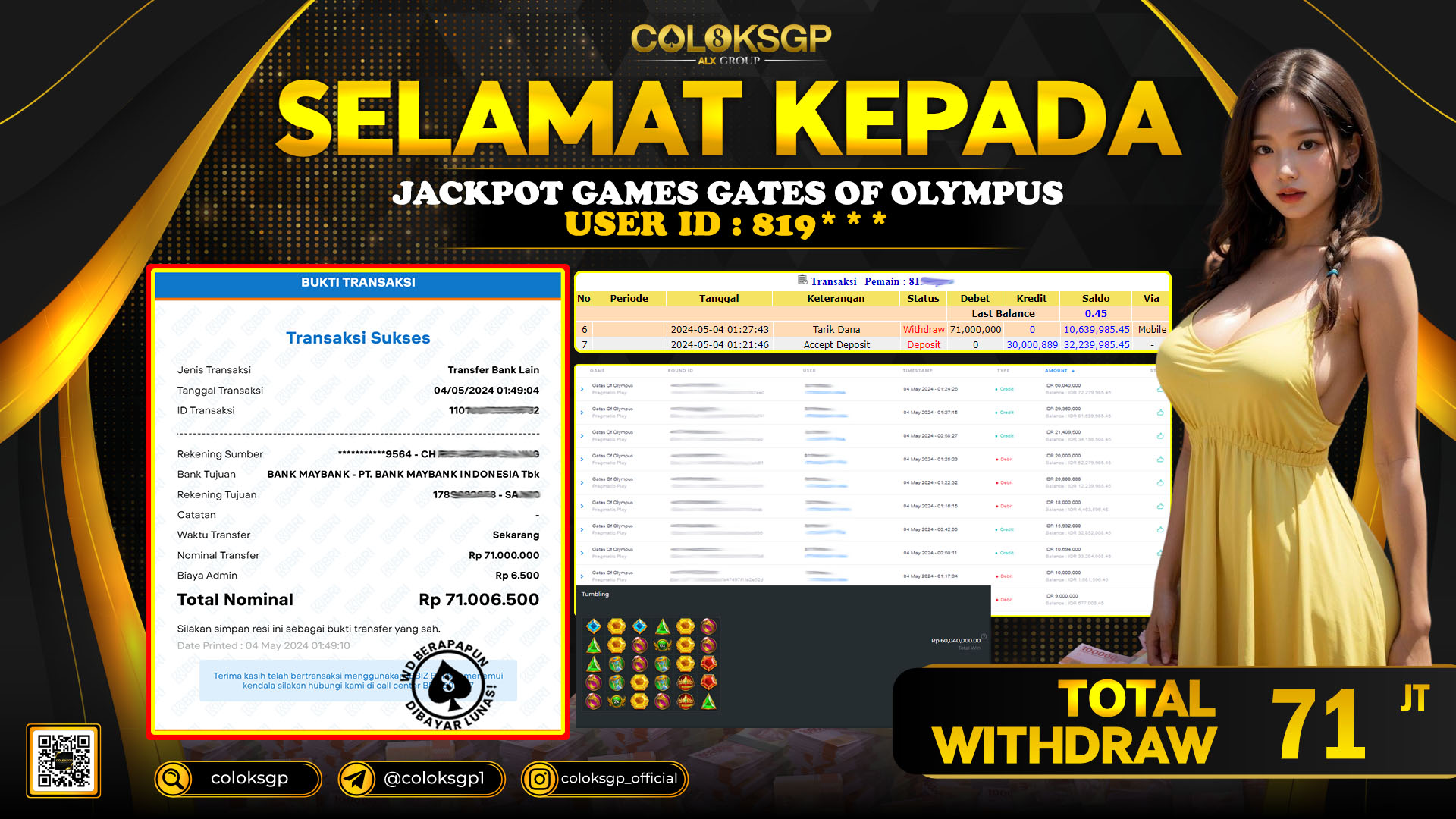 COLOKSGP JACKPOT SLOT GAMES RP 71.000.000 LUNAS