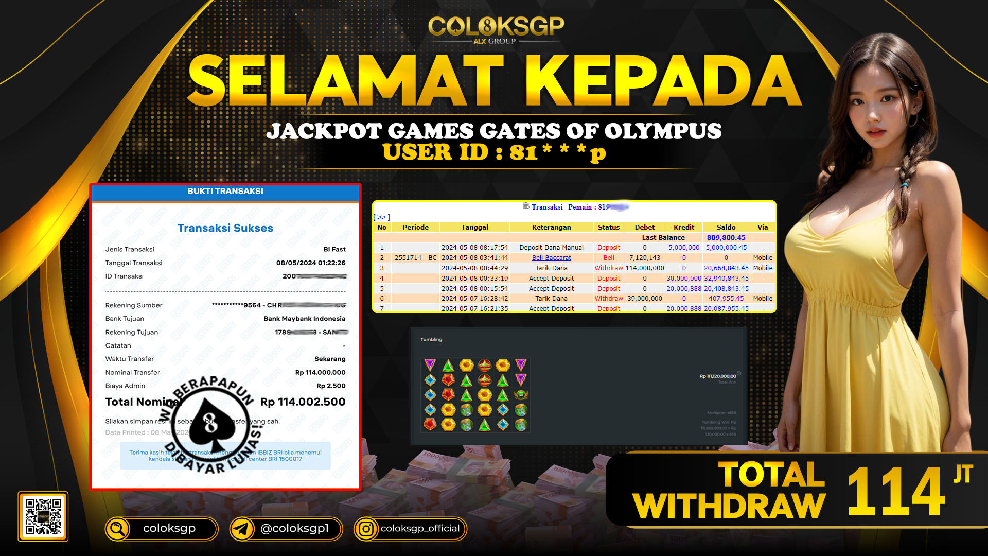 COLOKSGP JACKPOT SLOT GAMES RP 114.000.000 LUNAS