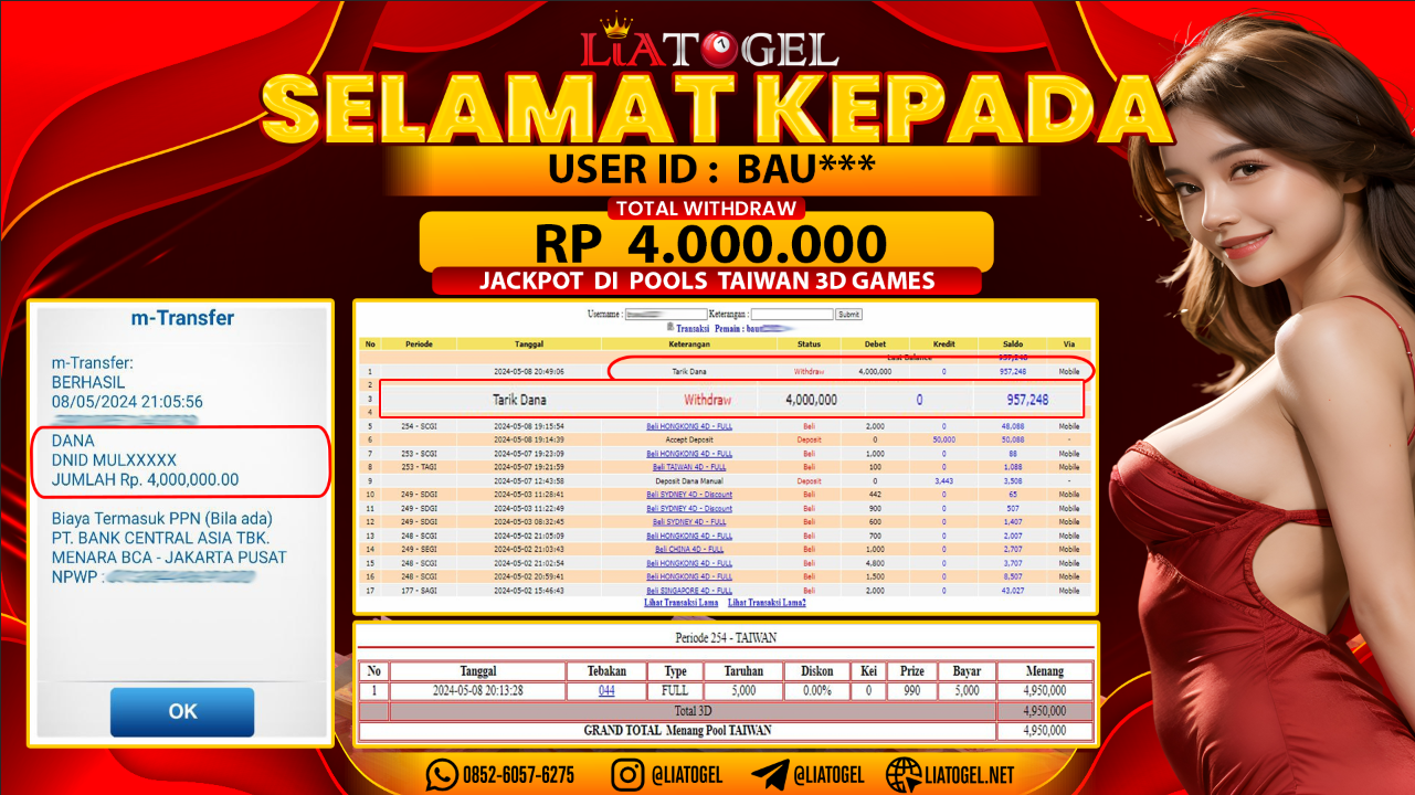 LIATOGEL - JACKPOT POOLS TAIWAN 3D GAMES ï»¿ RP 4.000.000,- LUNAS