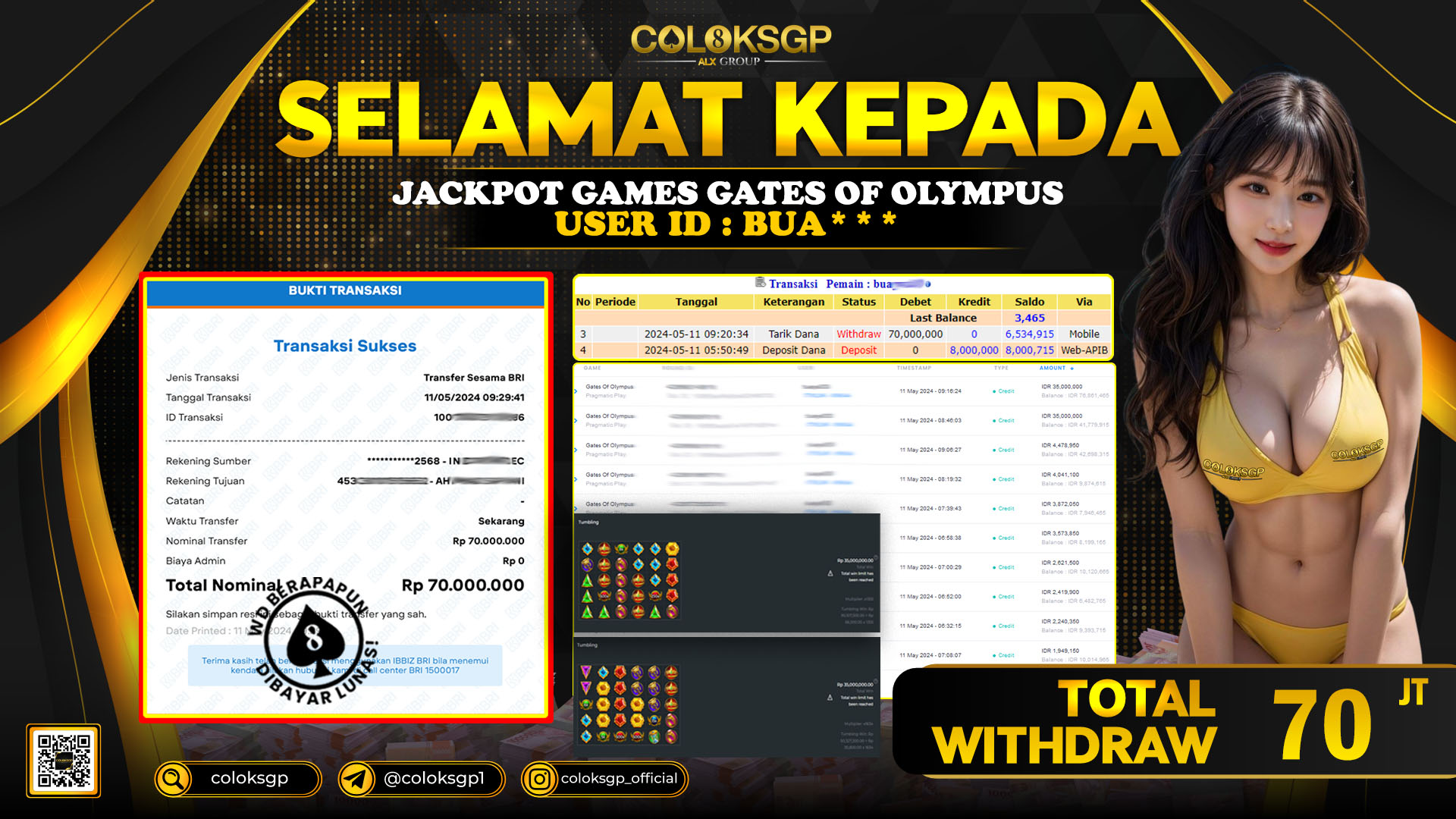 COLOKSGP JACKPOT SLOT GAMES RP 70.000.000 LUNAS