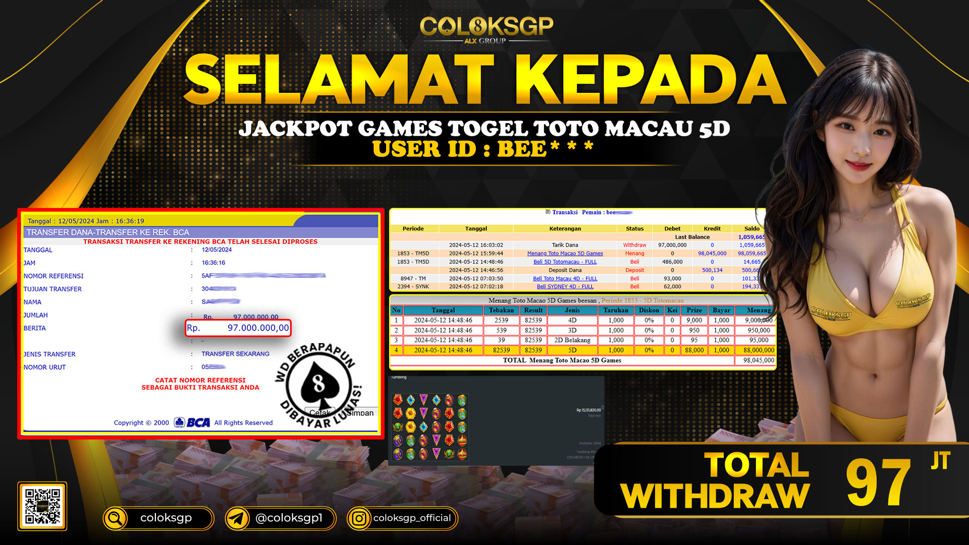 COLOKSGP JACKPOT TOTO MACAU POOLS RP 97.000.000 LUNAS