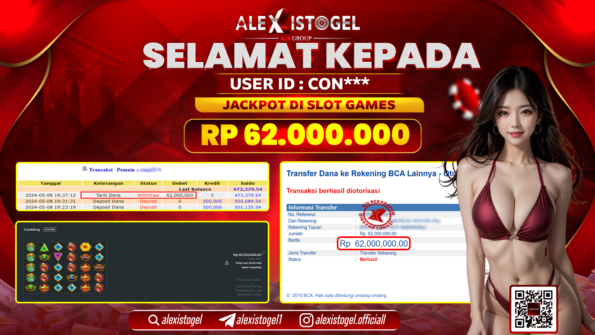 ALEXISTOGEL JACKPOT SLOT GAMES RP. 62.000.000 LUNAS