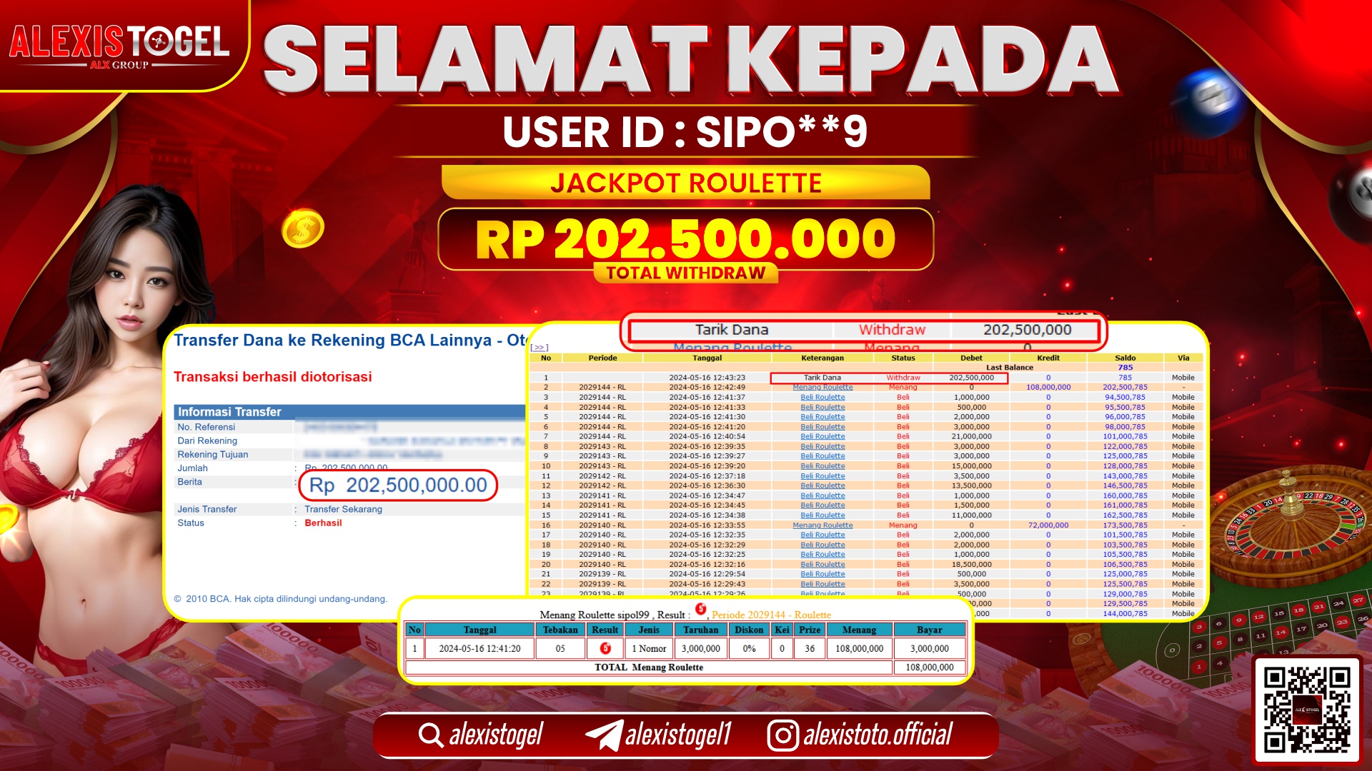 ALEXISTOGEL JACKPOT ROULETTE RP. 202.500.000 LUNAS