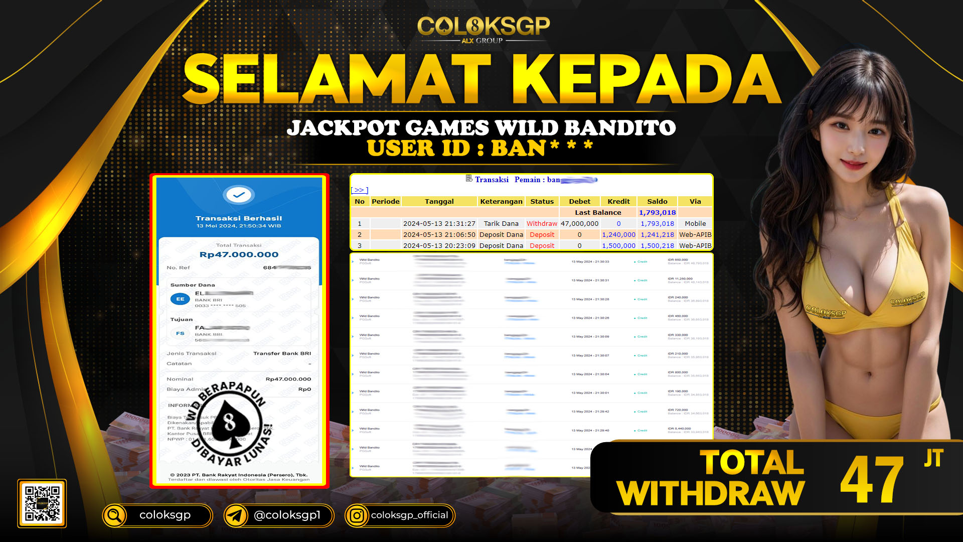 COLOKSGP JACKPOT SLOT GAMES RP 47.000.000 LUNAS