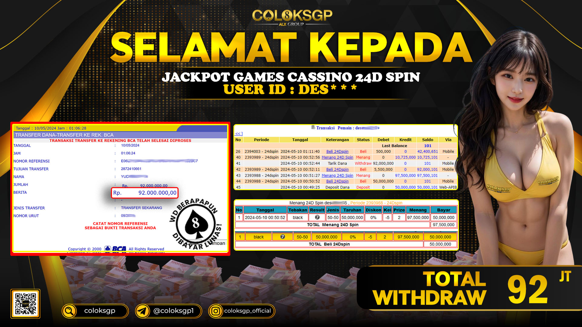 COLOKSGP JACKPOT LIVE GAMES RP 92.000.000 LUNAS
