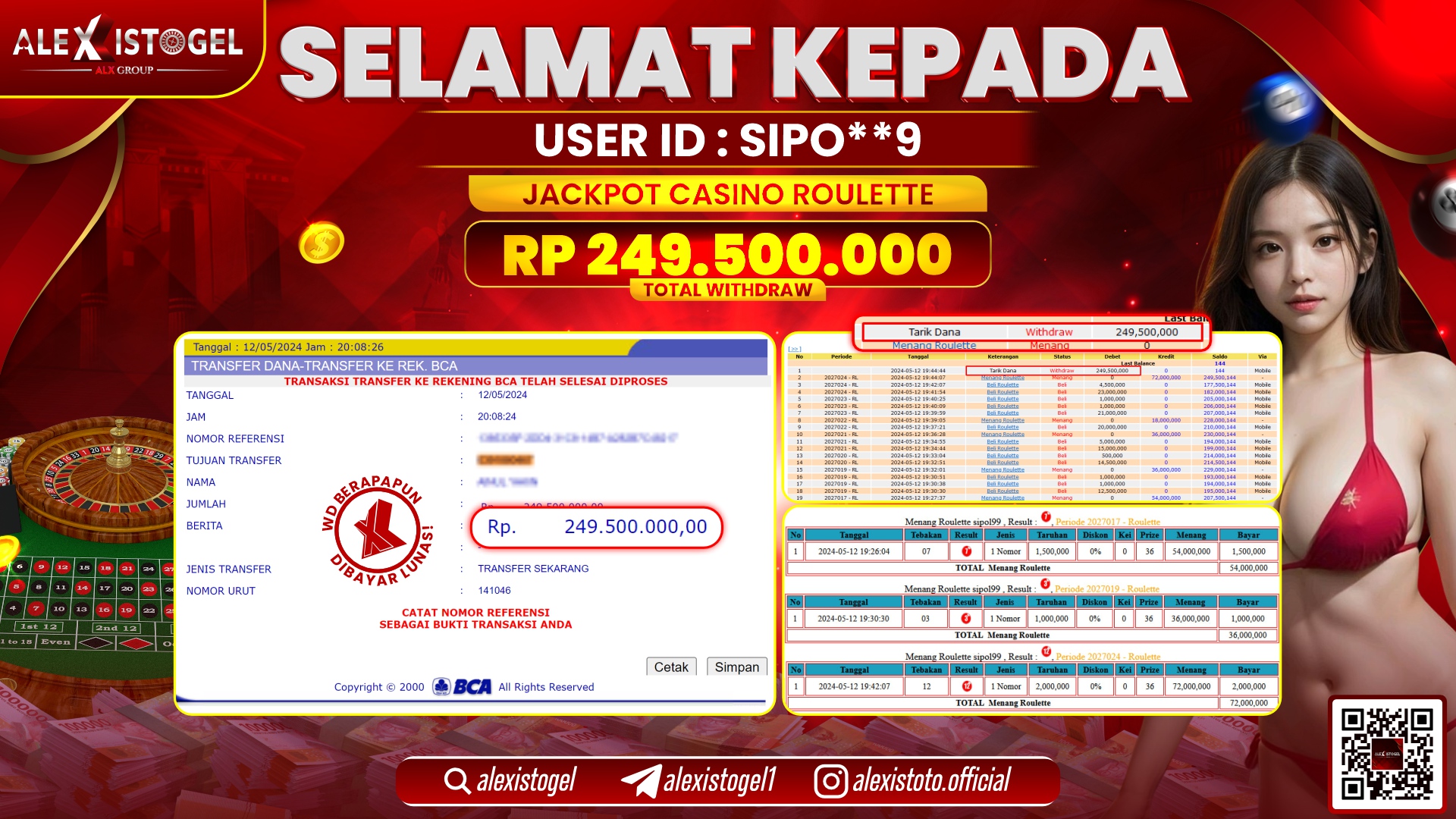 ALEXISTOGEL JACKPOT LIVE GAMES RP. 249.500.000 LUNAS