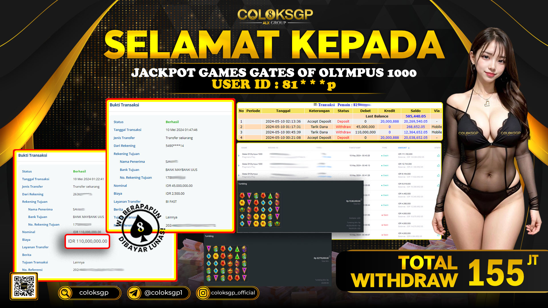 COLOKSGP JACKPOT SLOT GAMES RP 155.000.000 LUNAS