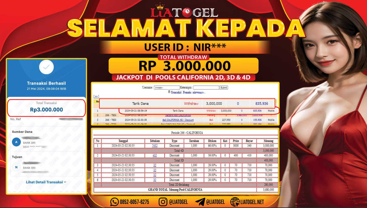 LIATOGEL - JACKPOT POOLS CALIFORNIAï»¿ RP 3.000.000,- LUNAS