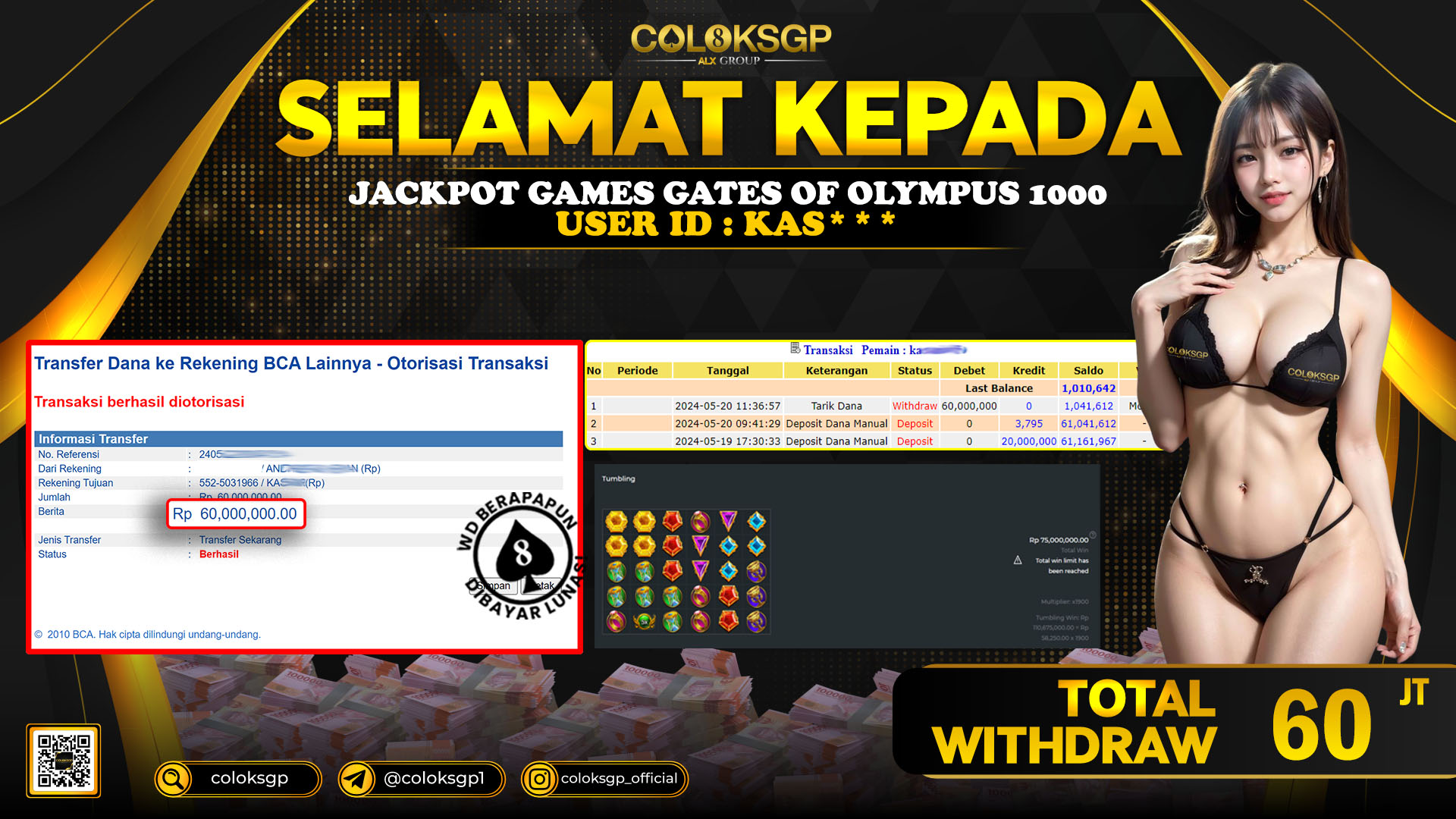 COLOKSGP JACKPOT SLOT GAMES RP 60.000.000 LUNAS