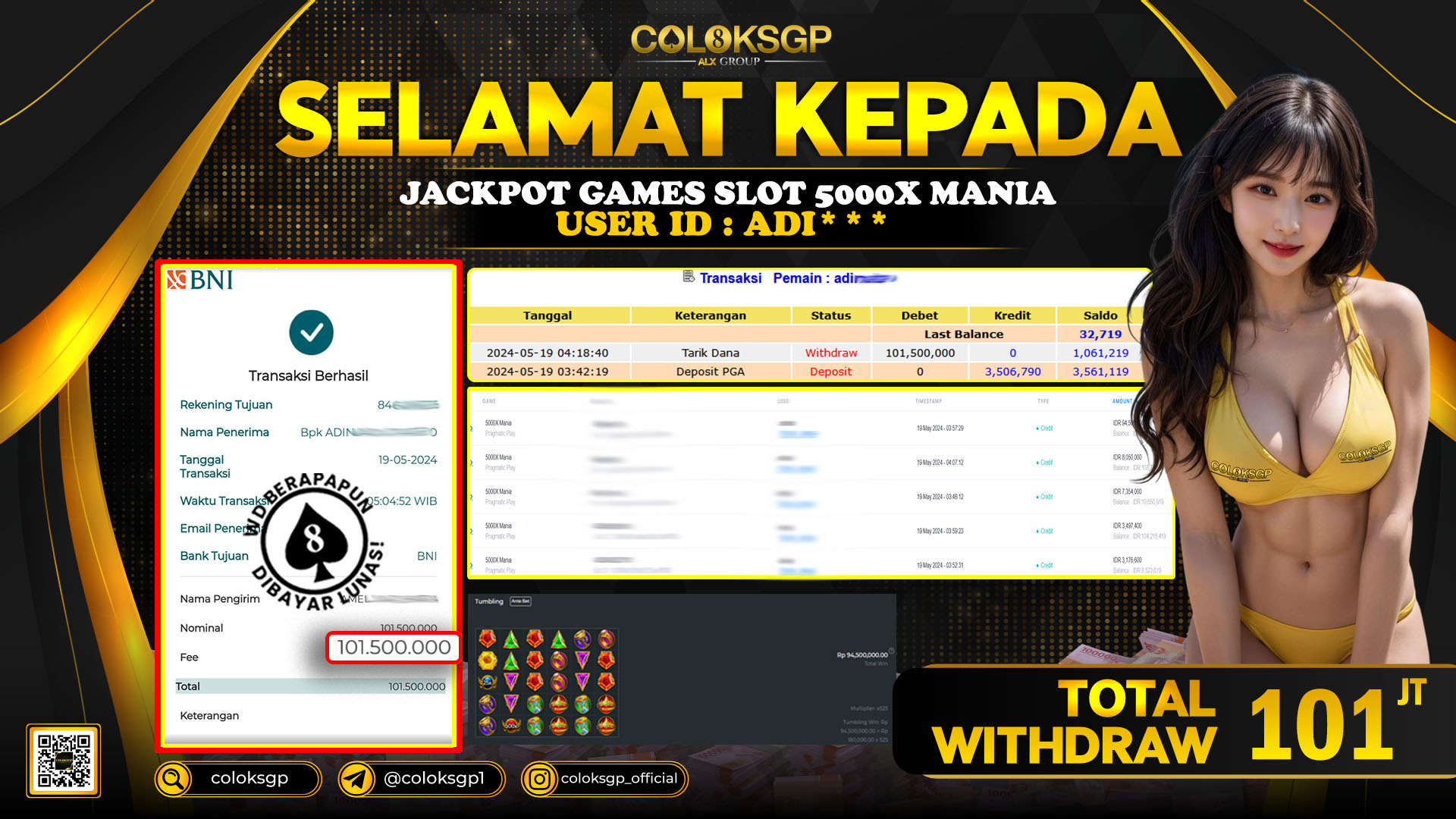 COLOKSGP JACKPOT SLOT GAMES RP 101.000.000 LUNAS
