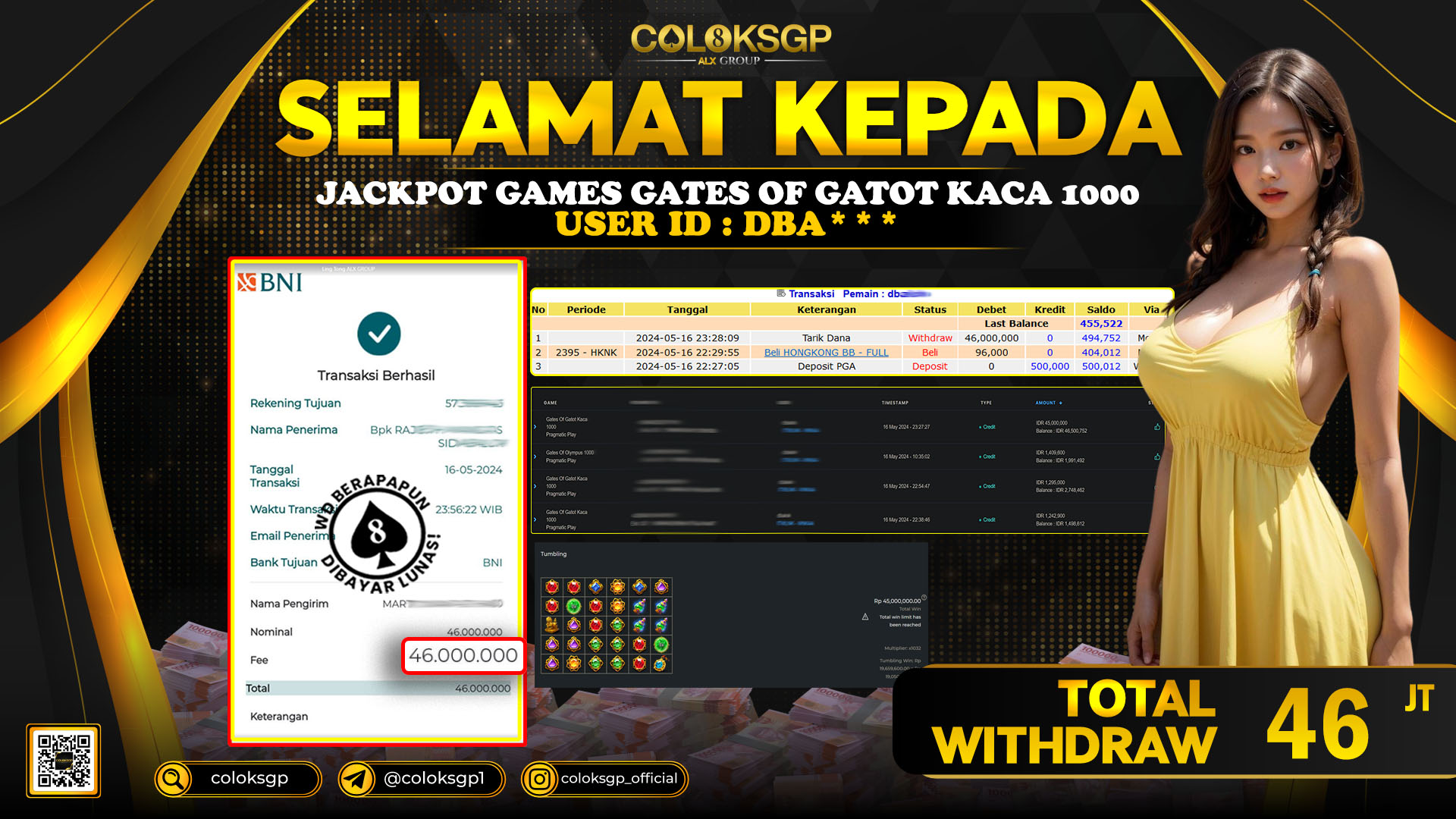 COLOKSGP JACKPOT SLOT GAMES RP 46.000.000 LUNAS