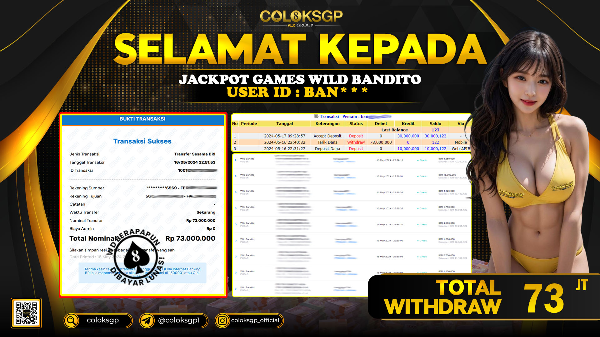 COLOKSGP JACKPOT SLOT GAMES RP 73.000.000 LUNAS