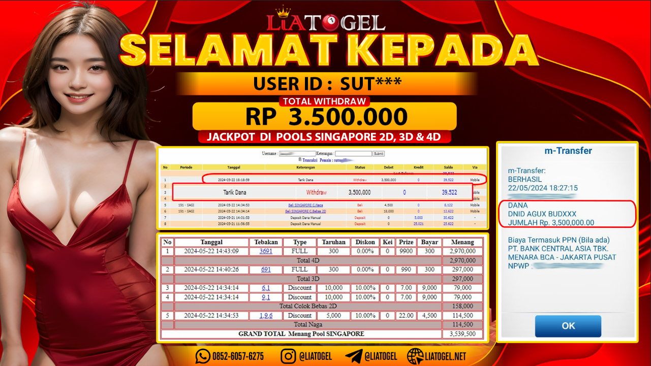 LIATOGEL - JACKPOT POOLS SINGAPORE 2D, 3D & 4D GAMESï»¿ RP 3.500.000,- LUNAS