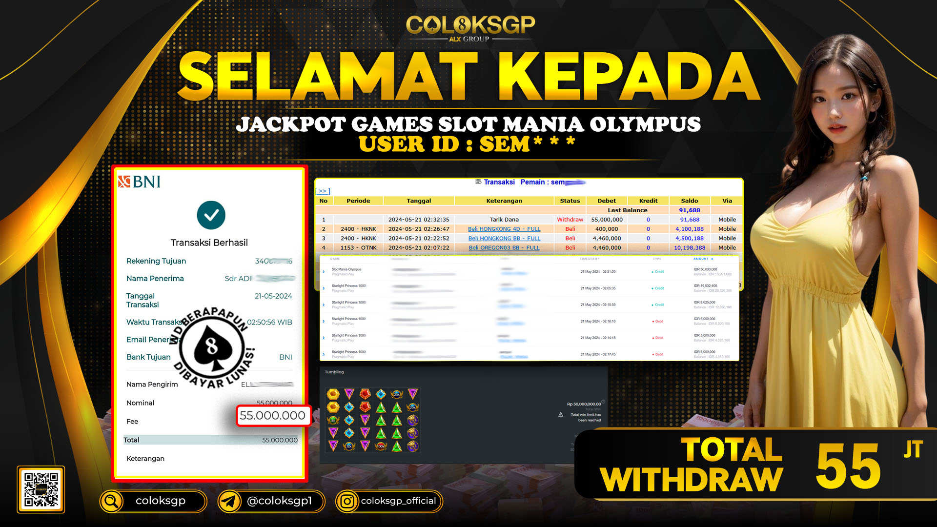 COLOKSGP JACKPOT SLOT GAMES RP 55.000.000 LUNAS