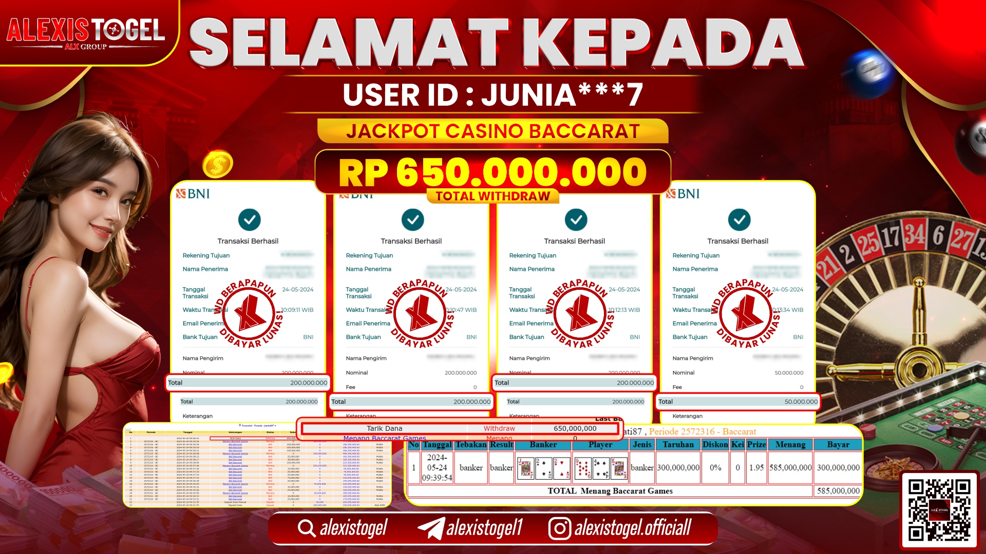ALEXISTOGEL JACKPOT BACCARAT RP. 650.000.000 LUNAS