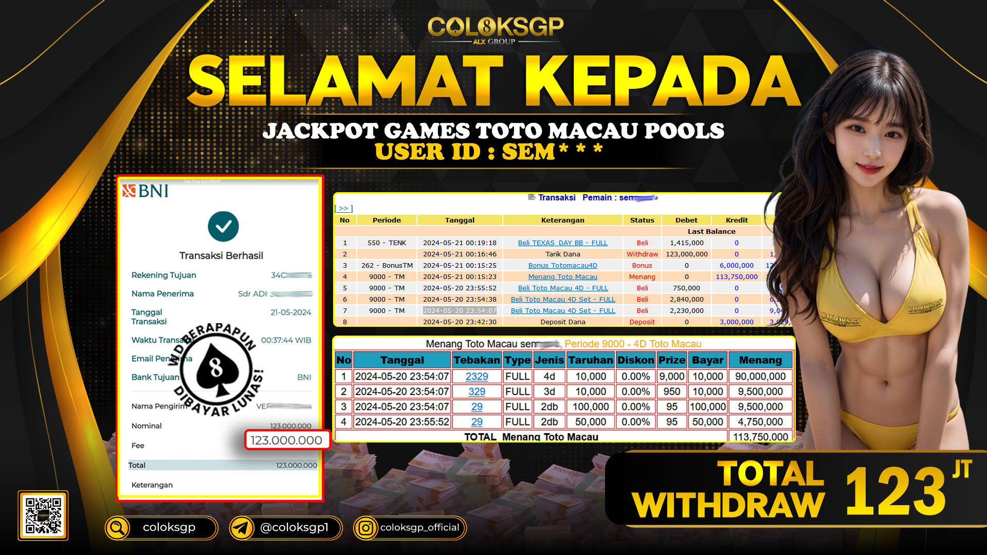 COLOKSGP JACKPOT TOTO MACAU POOLS RP 123.000.000 LUNAS