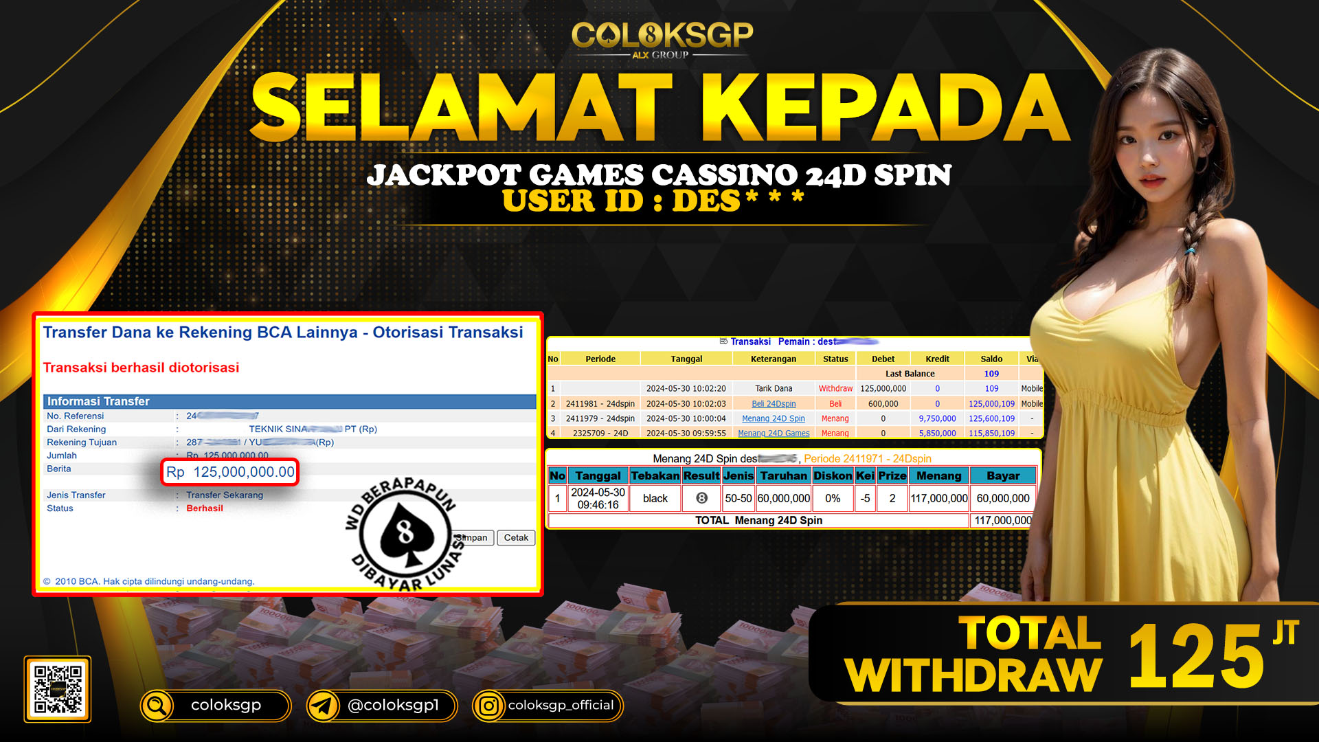 COLOKSGP JACKPOT 24D SPIN RP 125.000.000 LUNAS