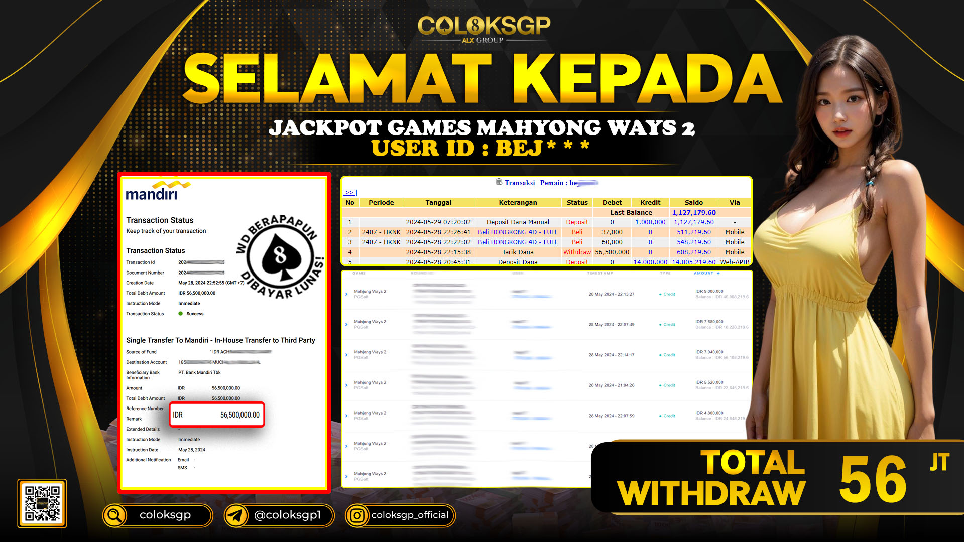 COLOKSGP JACKPOT SLOT GAMES RP 56.000.000 LUNAS