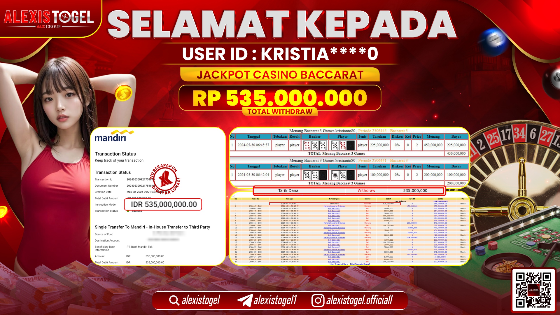 ALEXISTOGEL JACKPOT BACCARAT RP. 535.000.000 LUNAS