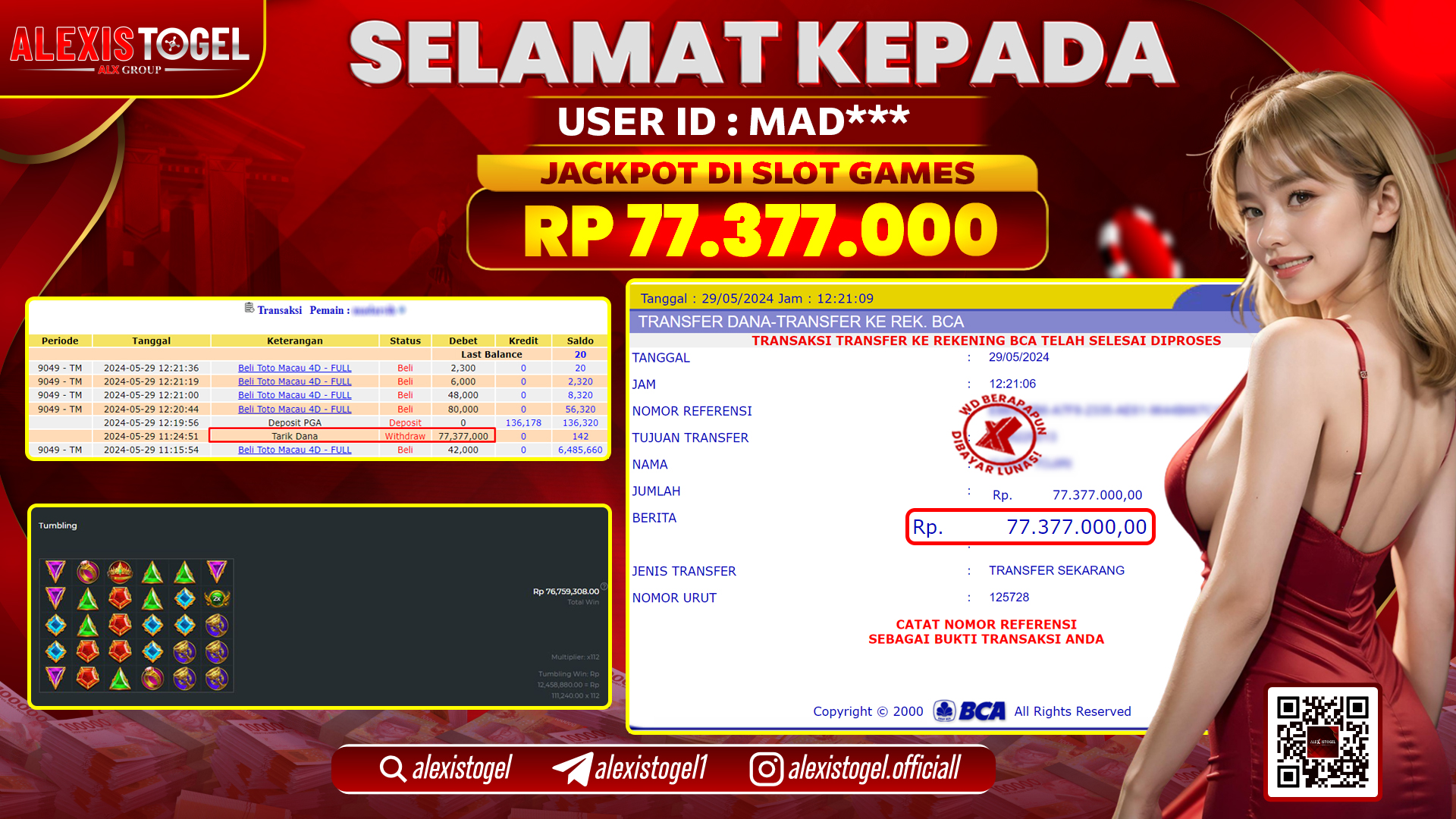 ALEXISTOGEL JACKPOT SLOT GAMES RP. 77.377.000 LUNAS