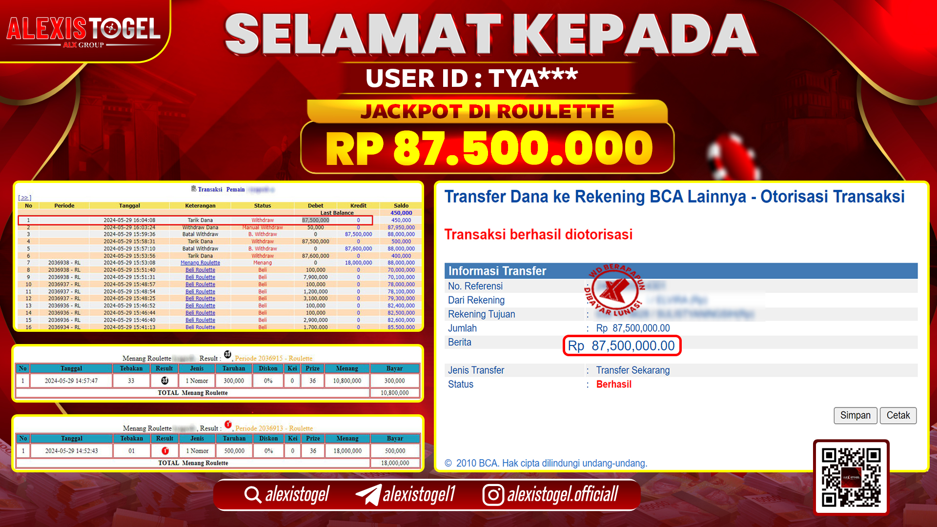 ALEXISTOGEL JACKPOT ROULETTE RP. 87.500.000 LUNAS
