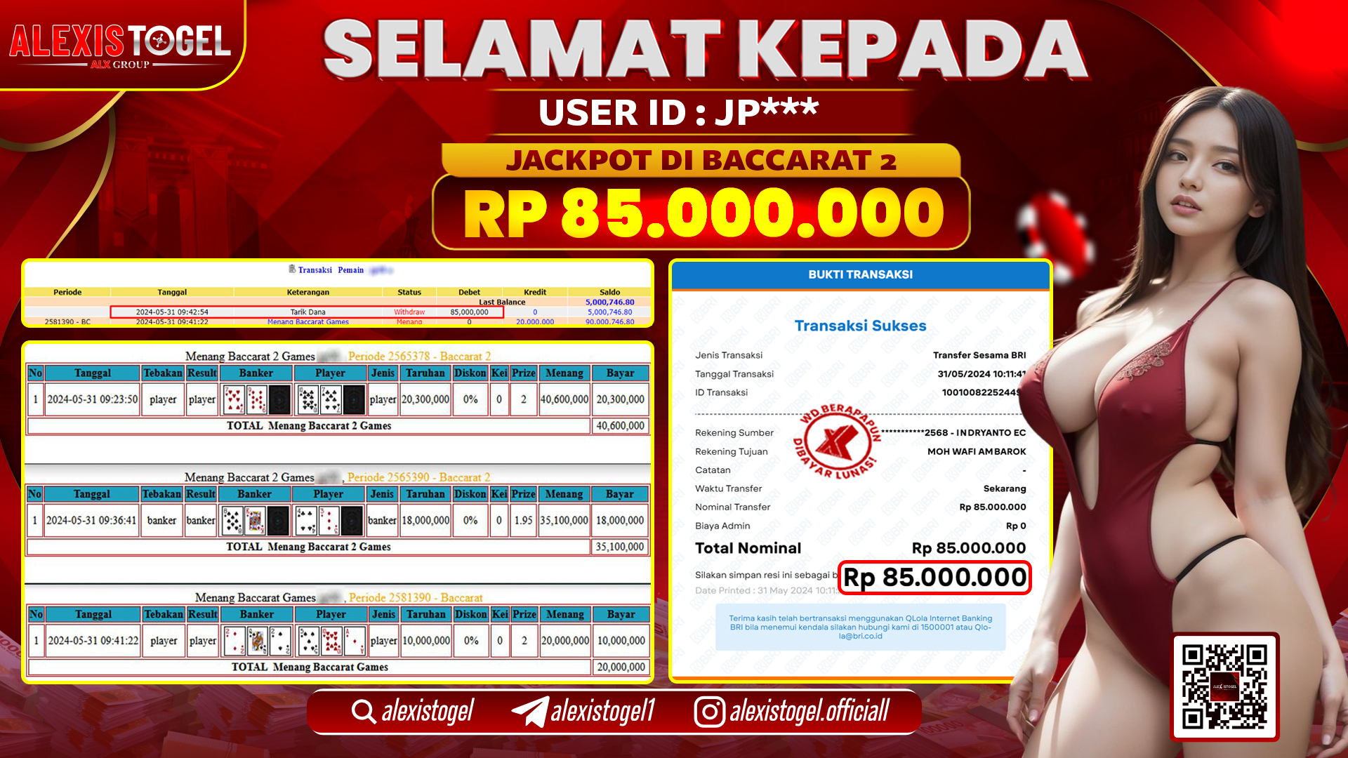 ALEXISTOGEL JACKPOT BACCARAT RP. 85.000.000 LUNAS