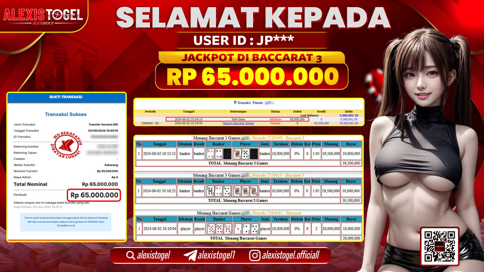 ALEXISTOGEL JACKPOT BACCARAT RP. 65.000.000 LUNAS