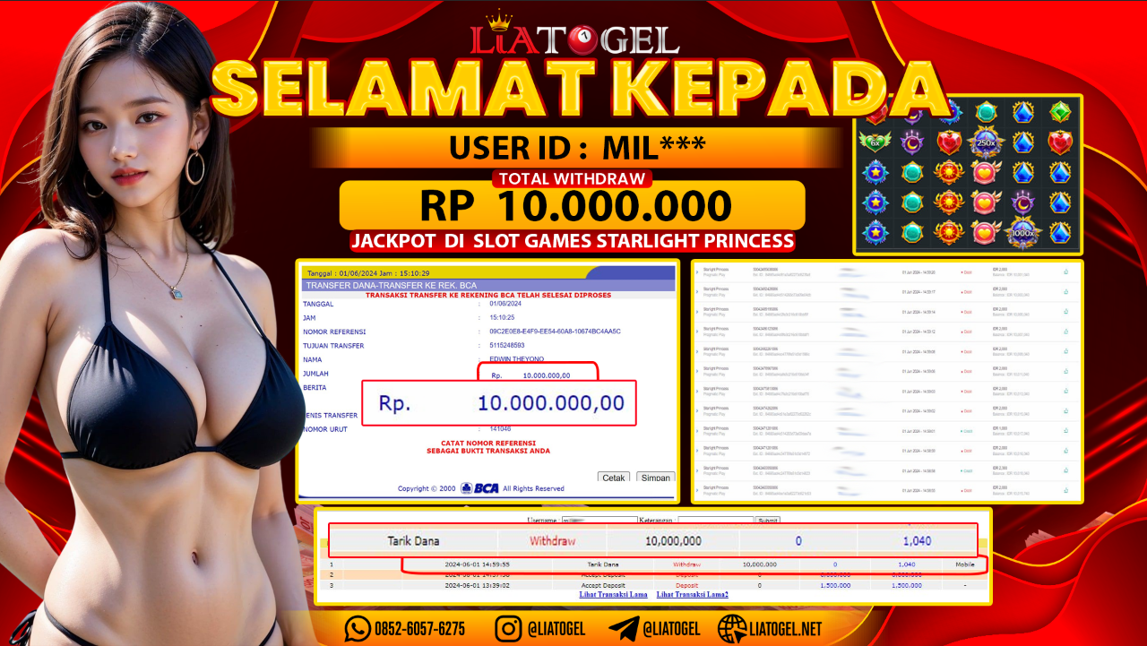 LIATOGEL - JACKPOT SLOT GAMES STARLIGHT PRINCESS RP 10.000.000,- LUNAS