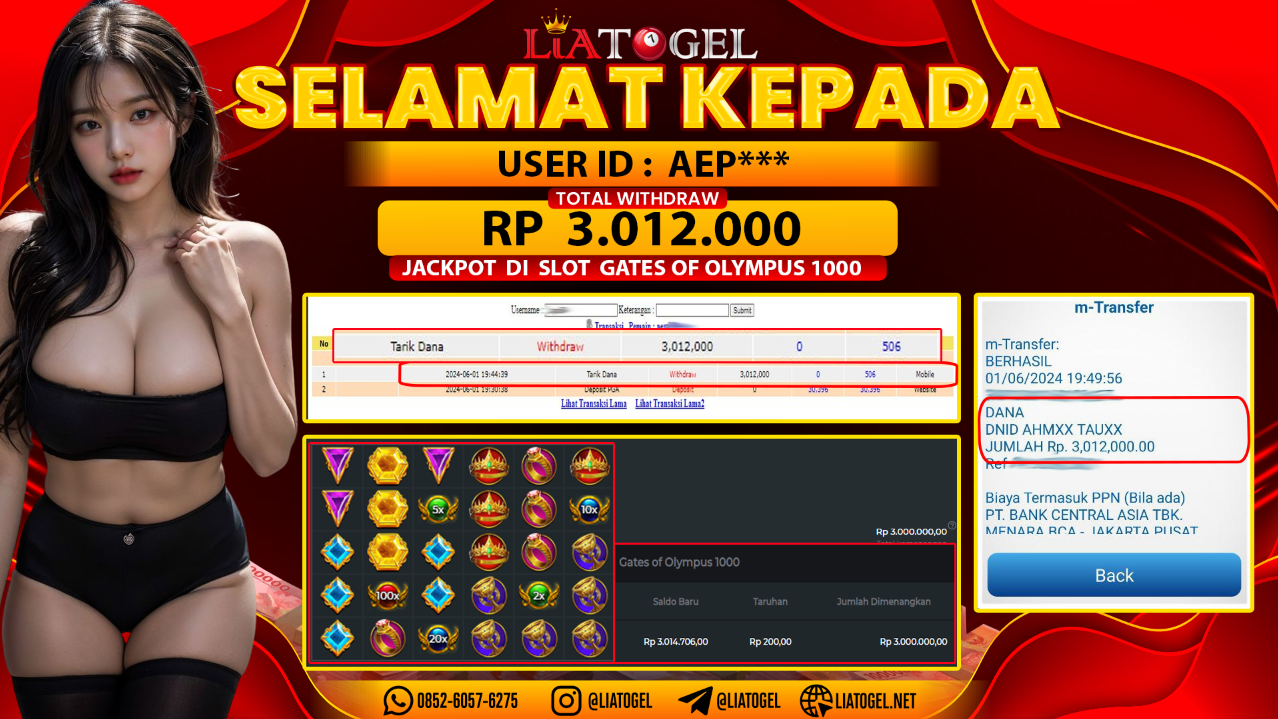 LIATOGEL - JACKPOT SLOT GATES OF OLYMPUS 1000 GAMES RP 3.012.000,- LUNAS