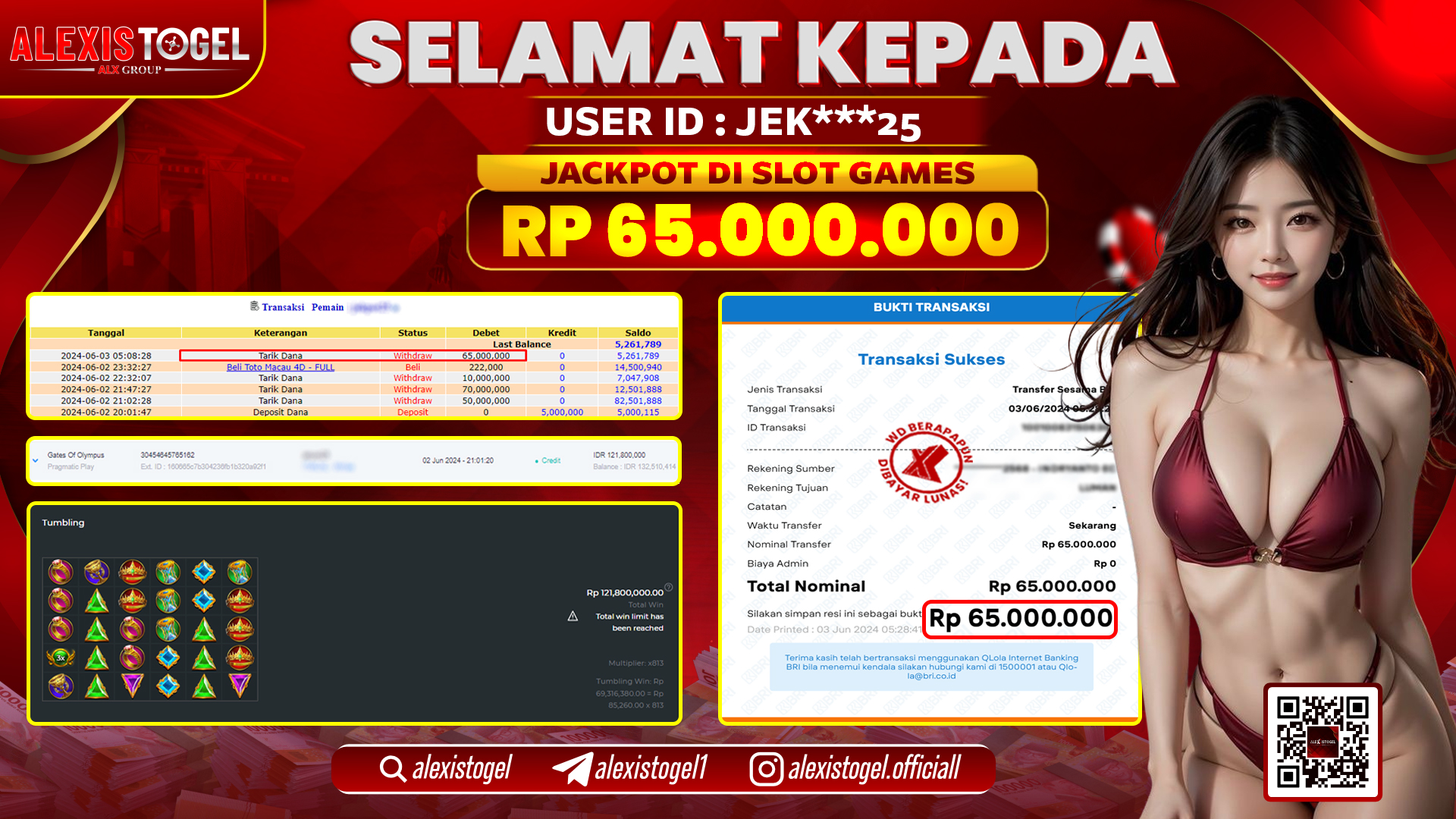 ALEXISTOGEL JACKPOT SLOT GAMES RP. 65.000.000 LUNAS