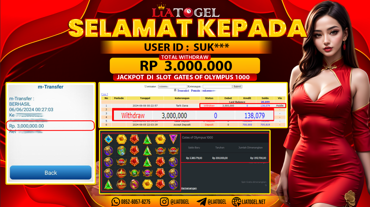 LIATOGEL - JACKPOT SLOT GATES OF OLYMPUS 1000 GAMES RP 3.000.000,- LUNAS