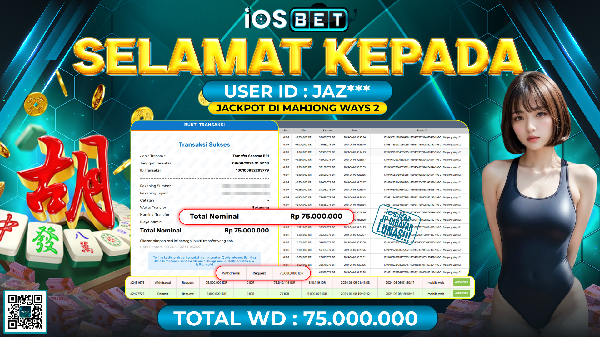 Bukti Pembayaran LUNAS SLOT GAMES GACOR Rp.75.000.000,-